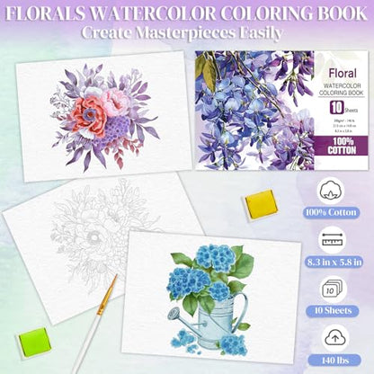Watercolor Coloring Book Kit for Adults 24 Color Paint Set with Brush