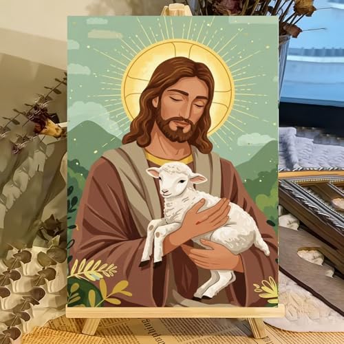 ICYANART Paint by Numbers for Adults Framed, Jesus Number Painting 8x12In | Adult Paint by Number Kits on Canvas with Wood Easel, DIY Acrylic Oil Painting by Number Beginners for Home Wall Decor Gift - color: Christian-7.8x11.8in