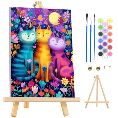 MAXBYE Framed Paint by Numbers Kits for Adults, Colorful Cat Paint by Numbers Kit for Adults with Wooden Easel, Easy DIY Oil Painitings Kits with Tools for Beginners Gift Home Wall Decor 10×14 Inch - color: ZL080