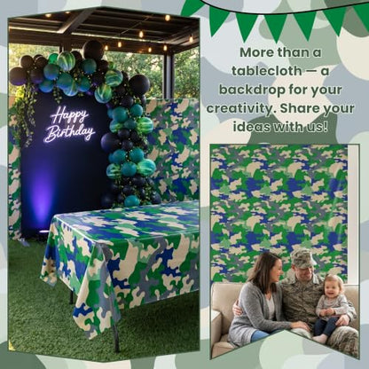 100FT x 54IN Camouflage Plastic Tablecloth Roll with Slide Cutter Box | Heavy Duty Disposable Green Camo Table Cover Wall Backdrop for Picnic, Birthday, Camouflage Party Supplies - color: Green Camo, size: 1200" x 54" (Rectangular)