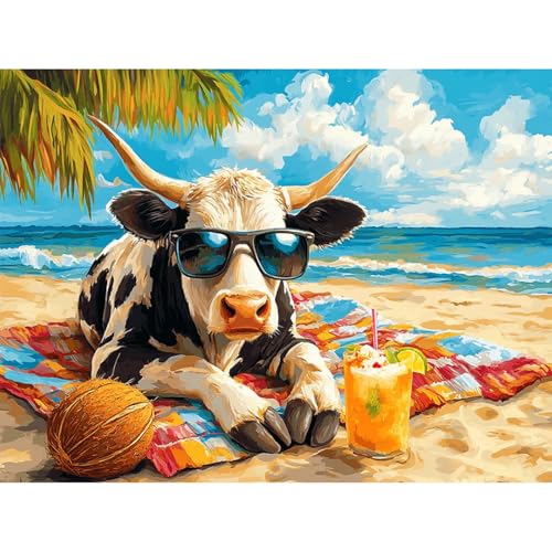 Diamond Art Kits for Adults, Beach Cow Diamond Painting Kit, 12 x 16 Inch | Gem Art for Beginners, Stress Relief, 5D Full Round Drill DIY Craft, Beach Home Decor, Cow Lovers, Funny Animal Gift - color: CYDP1P15
