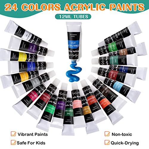 koseibal Kids Acrylic Paint Set with Canvas, Easel, More Art Supplies - color: 24 acrylic paints