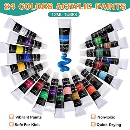 koseibal Kids Acrylic Paint Set with Canvas, Easel, More Art Supplies - color: 24 acrylic paints