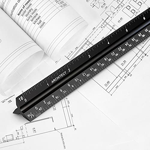 12" Architectural Scale Ruler Aluminum Architect Scale Ruler, Black | Triangular Scale Ruler for Architects, Draftsman, Students and Engineers - color: Black