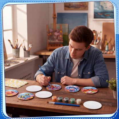 Reallnaive 8 Pcs Ocean Paint by Numbers Kit for Adults Wood Coastal Coaster | Mini Paint by Numbers, Tiny Marine Animal Round Oil Painting Drink Coaster with Holder, for Small DIY Craft Pink Blue Gift - style: Ocean