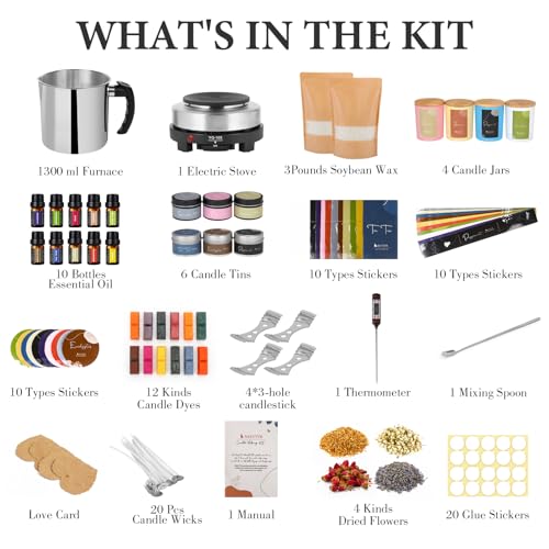 SAEUYVB Candle Making Kit for Adults,Candle Making Supplies with Wax Melter | Beginner-friendly,Complete Starter Candle Kit with 3 lbs Soy Wax,10 Candle Jars,10 Scents,Dyes and More, Perfect forDIY Craft - size: 10 pcs candle tins kit with melter