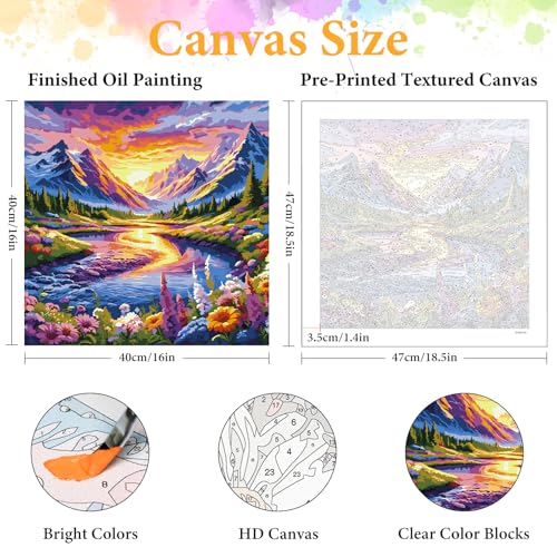 Paint by Numbers Kit for Adults, Mountain River & Wildflower, 16x16 Inch | DIY Acrylic Painting Kit on Canvas for Beginners, Relaxing Arts & Crafts for Stress Relief, Home Wall Decor & Gift - color: HMOP251012
