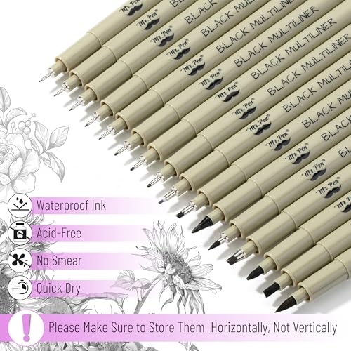 Mr. Pen- Drawing Pens for Artists, 16 Sizes, Black Multiliner | Micro Pens for Drawing - size: 16 Tip Sizes(0.2 to 3 mm)