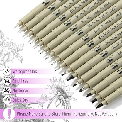 Mr. Pen- Drawing Pens for Artists, 16 Sizes, Black Multiliner | Micro Pens for Drawing - size: 16 Tip Sizes(0.2 to 3 mm)