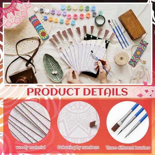 Kosiz 12 Pcs Mandala Paint by Number Kit for Adult Wood Bookmark | Mini Flower Paint by Numbers Kit, Painting Decor, Floral Tassels Blank Bookmarks, for Small DIY Craft Book Lovers Gift 7x2 '' - style: Mandala