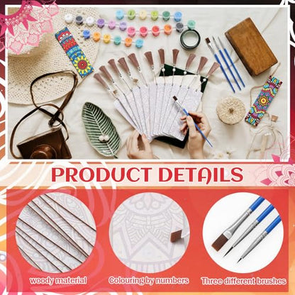 Kosiz 12 Pcs Mandala Paint by Number Kit for Adult Wood Bookmark | Mini Flower Paint by Numbers Kit, Painting Decor, Floral Tassels Blank Bookmarks, for Small DIY Craft Book Lovers Gift 7x2 '' - style: Mandala