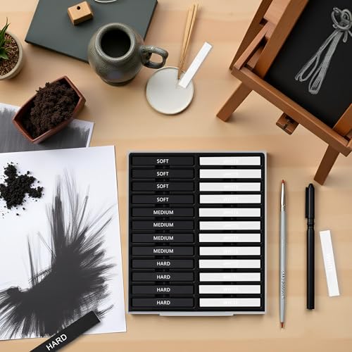 24 Pcs Compressed Charcoal Sticks with Soft, Medium, Hard and White Charcoal, Square Charcoal Stick Kit for Drawing, Sketching and Shading (12 Black and 12 White) - color: 12 Black + 12 White