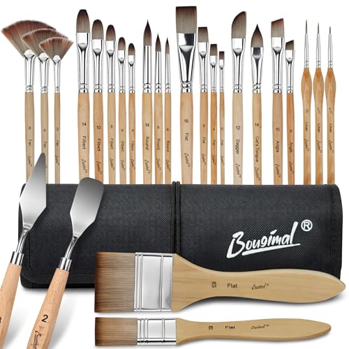 Bougimal 26pc Paint Brush & Palette Knife Set with Waterproof Roll Up Case | No-shed Full-size Wooden Artist Brushes (Flat, Filbert, Fan, Dagger, Cat Tongue, Round) for Acrylic, Oil, Watercolor - color: Wooden