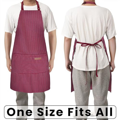 BeLuyi Adjustable Bib Apron with 2 Pockets Chef Cooking Kitchen Restaurant Aprons for Women Men - color: Wine Pinstripes