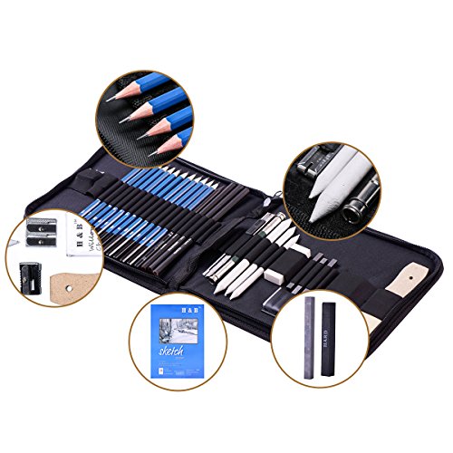 H & B 33 Pieces Drawing Pencils Set, Sketching Pencils Set & Drawing Kit, Includes Sketch Pad, Graphite Pencils, Charcoal Sticks and Eraser, Supplies for Artists/Beginner/Adults - size: 33 Piece Set