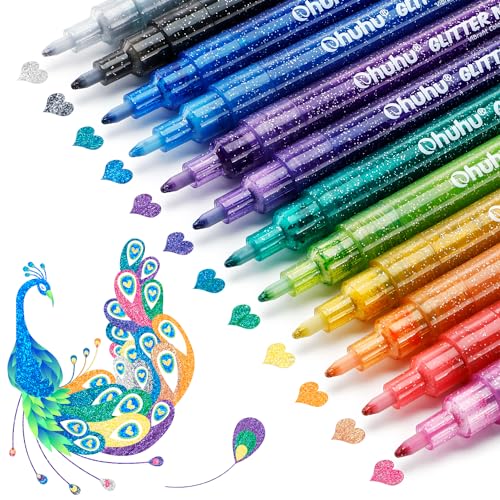 Ohuhu Glitter Marker Pens 12 Colors Fine Tip for Painting Coloring Crafts - color: 12 Colors, size: Extra Fine Tip 0.7mm