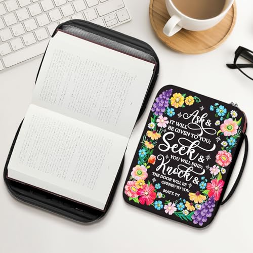 Floral Scripture Bible Cover for Women with Handle and Zipper Pocket, Inspirational Ask Seek Knock Canvas Bible Bag, Fits Standard Size, Christian Gift for Bible Study and Church Use - color: Faith Study Organizer