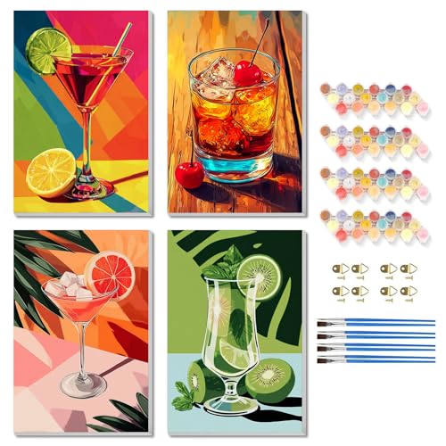 TBAIRO 4 Pack Framed Paint by Numbers Kit for Adults Beginner Cocktail DIY Painting Kits for Adults Cocktail Easy Adult Paint by Number Kits on Canvas for Wall Art Decor 8x12 Inch - color: Cocktail