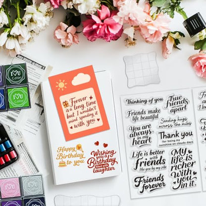 6 Pcs Greeting Words Clear Stamps for Card Making 20 Ink Pad | 3 Acrylic Stamp Block Silicone Stamp with Holiday Bless Happy Birthday Stamps for Crafting DIY Scrapbooking Journal - style: 29Pcs Greetings Blessings Stamps
