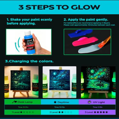 Glow in the Dark Acrylic Paint Set, 24 Pack, 10 Colors | 60ml Large Bottles, 10 Brushes, Palette & 3 Spatulas, Luminous Neon Paint Kit, For Canvas Wood Ceramic Wall DIY Crafts