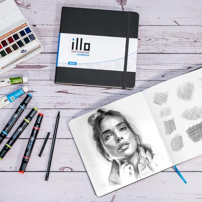 illo Sketchbook 8’’ x 8’’ Square Hardcover Sketch Book, (112lb/180gsm) Heavyweight Paper, Ribbon Marker, Back Pocket, Lays Flat, Minimal Bleed, Vegan, for Artists & Beginners