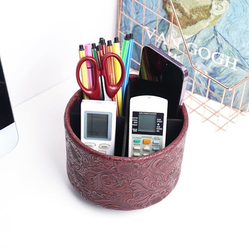 Round Leather Art Supply Organizer,Remote Control Holder,360 Degree Spinning,Multi-Functional Pencil Holder,4 Compartments Desktop Stationary Organizer(1-Carved Red) - color: 1-Carved Red