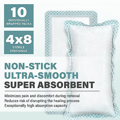 EVERLIT Super Absorbent Dressing for Wound Care | Nonstick Soft Surgical Gauze Pad for Heavily Exuding Wounds | Large Sterile Non-Adhesive Bandage for Fast Healing Wound Care | Pack of 10 (4" x 8") - size: 4" x 8"
