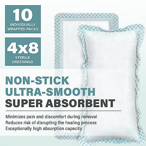 EVERLIT Super Absorbent Dressing for Wound Care | Nonstick Soft Surgical Gauze Pad for Heavily Exuding Wounds | Large Sterile Non-Adhesive Bandage for Fast Healing Wound Care | Pack of 10 (4" x 8") - size: 4" x 8"
