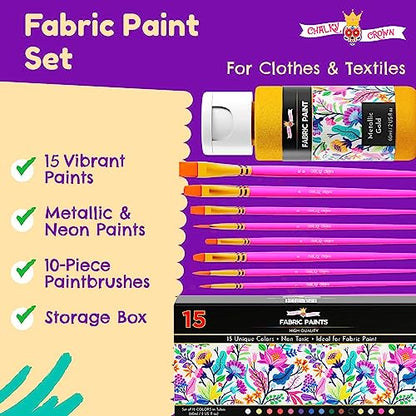 CHALKY CROWN Permanent Fabric Paint Set - 15 Colors - 60ml Bottles