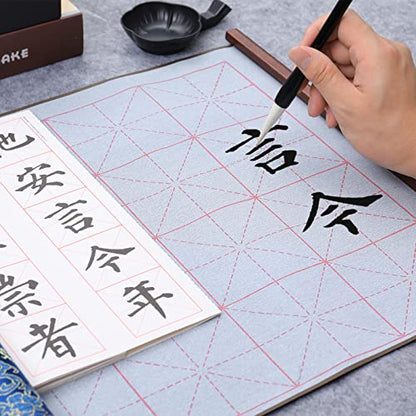 MEGREZ Reusable Water Writing Calligraphy Cloth Set No Ink Practice Kit | 32 grids, 4pcs set, brush pen & water dish, copy template, multi color options, mess-free, calligraphy practice - color: Blue