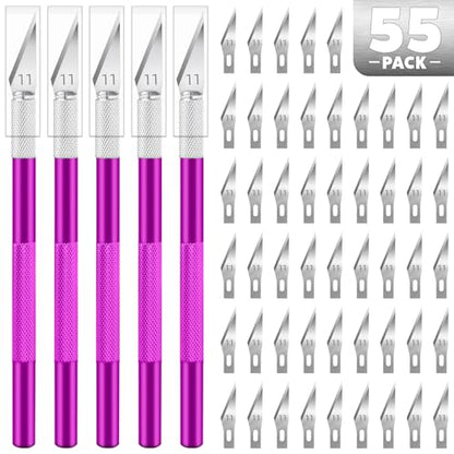 55PCS Exacto Knife Set, Craft Knife, Hobby Knives with 50PCS Blades | 55PCS precision knife kit, SK5 exacto knife blades for art, woodworking, stencil, scoring, scrapbooking, modeling and crafts - style: Purple – 5 Knives / 50 Blades