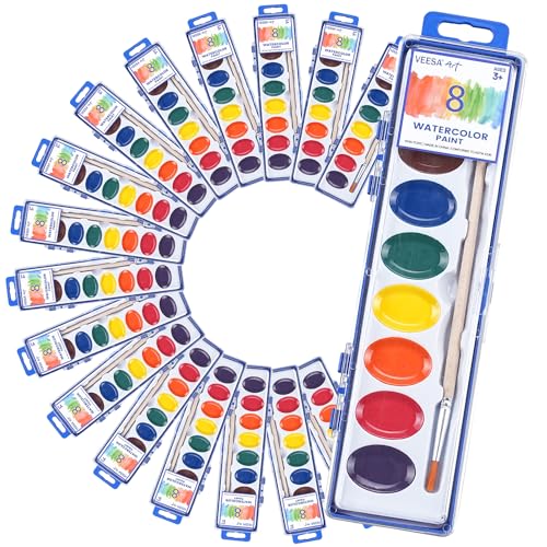 Washable Watercolor Paint Set for Kids, 24 Pack, 8 Colors | with Wood Brushes, Non-Toxic, for Classroom, Party Favors & Homeschool - color: 8 Colors (Pack of 24), size: 24 pack