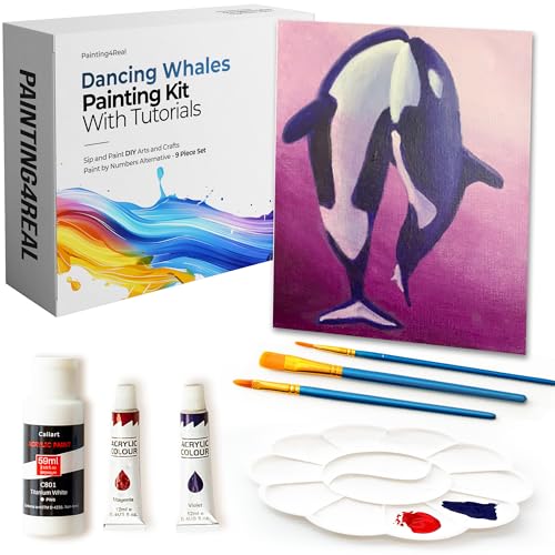 Painting4Real DIY Painting Class Kits for Adults with Video Tutorials, Learn to Paint Dancing Whales, How to Paint with Acrylic Paint Sets for Adult, 9 Peices Art & Painting Supplies Gifts for Mom - color: Dancing Whales