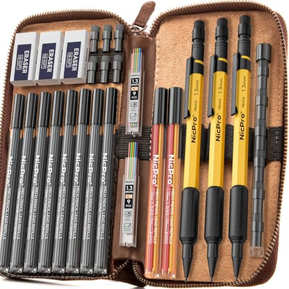 Nicpro 21PCS 1.3 mm Mechanical Pencil Set in Leathercase with 138 Lead | 3 Eraser, Eraser Refills- Weatherproof Metal Barrel, Heavy Duty Carpenter Pencil for Outdoor Marking Drawing Woodworking - color: Yellow