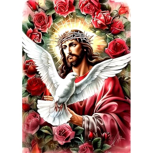 SENQAO Jesus Diamond Art Kits for Adults, Peace Dove Diamond Painting Kit for Beginners, Round 5D DIY Diamond Dots, Full Drill Painting Kit Art and Crafts for Adults Home Wall Decor 12x16inch - color: jesus