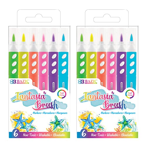 BAZIC PRODUCTS Fantasia Brush Markers, Dual Tip, Washable, 2-Pack | brush + 0.4 mm fine tip, fluorescent Fantasia brush markers, non-toxic, lettering, art, journaling - color: Neon Color, size: 2-Pack