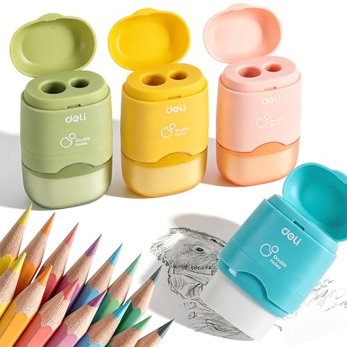 Deli Pencil Sharpener & Eraser, 4 Pack Pencil Sharpeners Manual | Dual Holes Compact Colored Handheld Pencil Sharpener with Lid for Kids, School, Office - size: 4 Pack