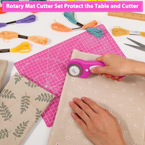 Rotary Cutter and Mat Set, Audab Self Healing Sewing Mats Shirt Cutter 45mm Fabric Cutter Wheel with 2 Blades Rotary Cutting Mat for Crafts Fabric Quilting Hobby (9" x 12" (A4) - color: Pink