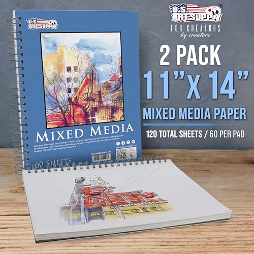 U.S. Art Supply 11"x14" Mixed Media Sketchbook, 2 Pack (60 Sheets) - size: 11-x-14-inch