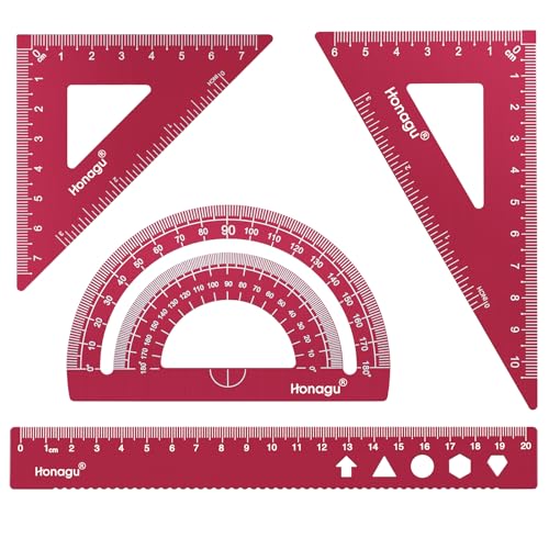 Honagu Triangular Ruler Set, 4 Pieces Aluminum Alloy Ruler, Metal Drafting Ruler, Geometric Protractor for Students,Teacher, Draftsmen, Engineers,Gift Stocking Stuffers for Kids (20cm/7.87inches, Red) - color: Red, size: 20cm