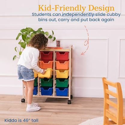 ECR4Kids 15-Bin Mobile Organizer with Shelf, Removable Bins, Sand/Assorted | Durable plastic bins, steel frame, GREENGUARD Gold Certified, 75 lb capacity, rolling casters, craft supplies, classroom/home