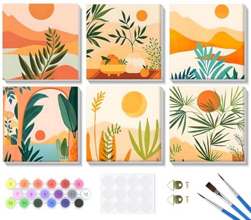 Bowetile 6 Pack Framed Paint by Numbers Kit for Adults Beginner, Landscape Adults' Paint-by-Number Kits on Canvas, Easy Acrylic Number Painting Kits for Adults Home Decor Gifts, 8x8in - color: 8x8in-6-Landscape-02