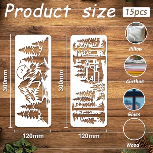 INFUNLY 15Pcs Forest Mountain Painting Stencil for Wall 4.7×11.8" Reusable Deer Wall Stencils Pine Tree Painting Template Small Walls Stencil Templates for Crafts Cement Wood Furniture Nursery Bedroom - style: 15PCS Forest Mountain