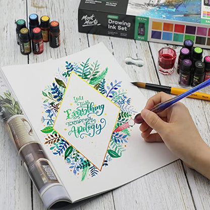 Mont Marte Drawing Ink Kit Signature 16pc, Great Art Set, Includes 12 x 7ml (0.24 US fl.oz) Ink Colours, Glass Dip Pen, Paint Brush, Pen Rest, Ink Well, for Illustration, Calligraphy, Scrapbooking