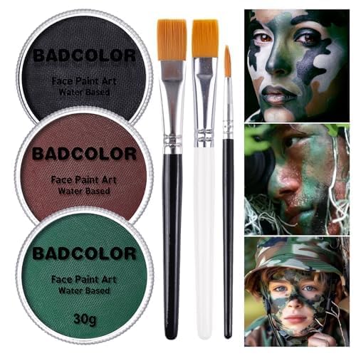 Black Green Brown Camo Face Paint with Brushes Set, Water Based Face Painting Kit for Camouflage Military Hunting & Paintball, Facepaint for Kids & Adults Halloween Special FX Cosplay Costume Makeup - color: Black+Green+Brown+3Pcs Brushes