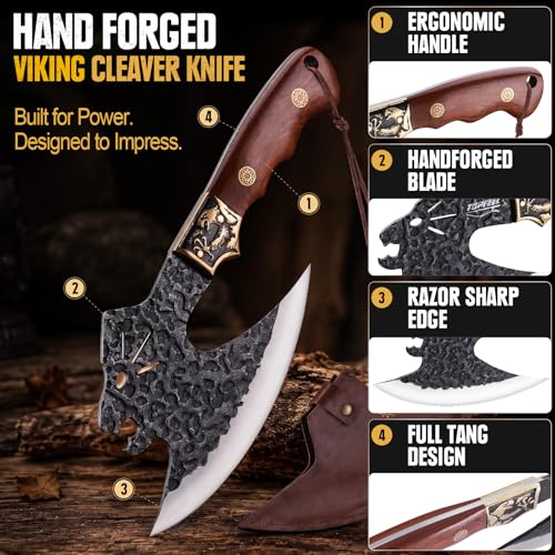 Topfeel Leopard-Head Viking Knife, Hand-Forged Meat Cleaver with Sheath