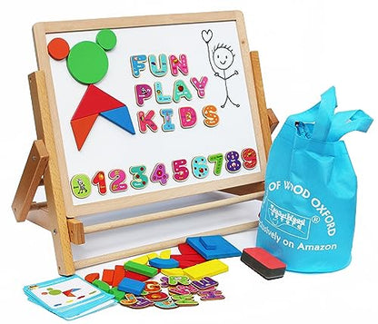 TOWO Wooden Easel for Kids, Foldable Double-Sided Magnetic Board | Includes magnetic letters, numbers, shapes and paper roll; tabletop art easel for drawing, learning and creative play. - color: Easel