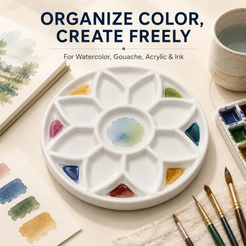 7 Inch Ceramic Watercolor Palette, Round White Flower Paint Tray | Petal-shaped color wells surround a center mixing area for watercolor, gouache, acrylic, ink and everyday art projects.