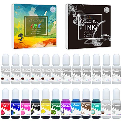 24 Alcohol Ink Set - 10 Vibrant Colors Alcohol Inks with 14 White Alcohol-Based Ink for Resin Petri Dish Making, Epoxy Resin Painting - Alcohol Color Dye for Resin Art, Tumbler Making - 0.35oz Each