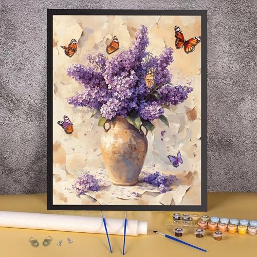 RICUVED Flowers Paint by Numbers for Adults, Vase Paint by Numbers Kit for Adults Beginners, Butterfly DIY Acrylic Oil Painting on Canvas Easy for Gift Home Wall Decor 16x20 Inch - color: SO031